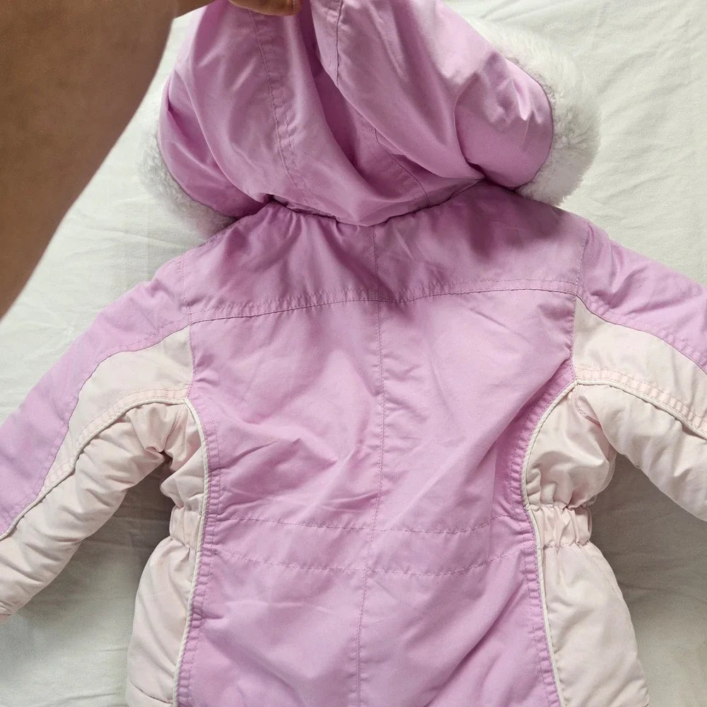 London Fog Puffer Jacket Kids 4T‎ Pink Colorblock Faux Fur Hood Full Zip Coat